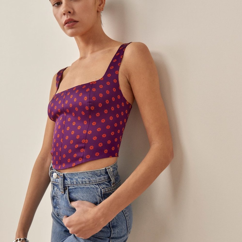 Reformation purple/orange flower power bustier top 100% silk
